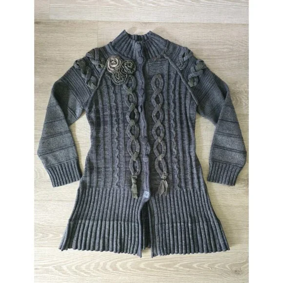 Covelo Wool Angora Rabbit Silk Cotton Cable Knit Mock Neck Cardigan Sweater M - Picture 15 of 15